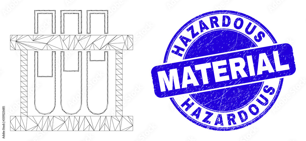 Web mesh chemical test tubes pictogram and Hazardous Material seal stamp. Blue vector rounded textured seal stamp with Hazardous Material title.