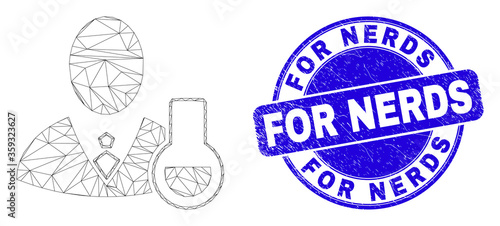 Web mesh chemical scientist icon and For Nerds seal. Blue vector round grunge watermark with For Nerds text. Abstract frame mesh polygonal model created from chemical scientist icon.