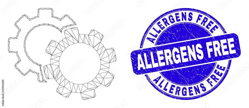 Web mesh cogs icon and Allergens Free seal. Blue vector round distress watermark with Allergens Free phrase. Abstract carcass mesh polygonal model created from cogs icon.