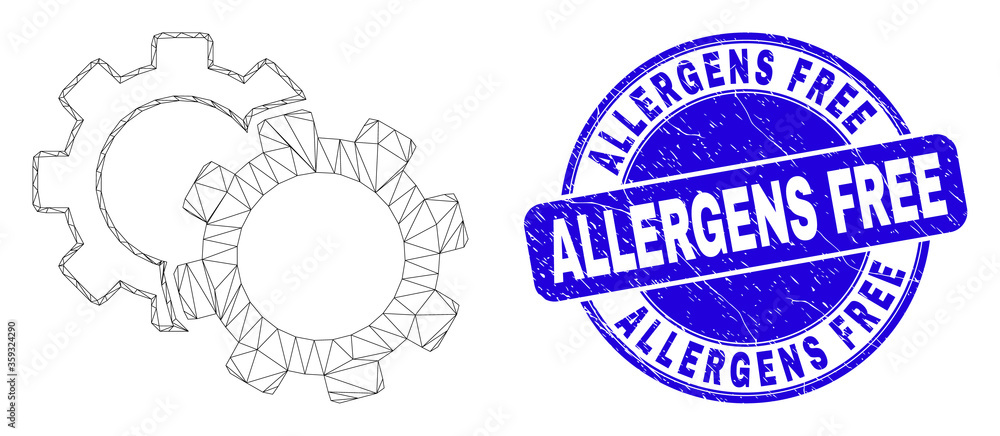 Obraz premium Web mesh cogs icon and Allergens Free seal. Blue vector round distress watermark with Allergens Free phrase. Abstract carcass mesh polygonal model created from cogs icon.