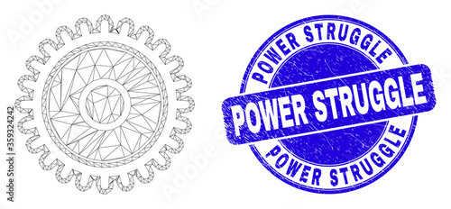 Web carcass cog icon and Power Struggle watermark. Blue vector round distress watermark with Power Struggle caption. Abstract carcass mesh polygonal model created from cog icon.