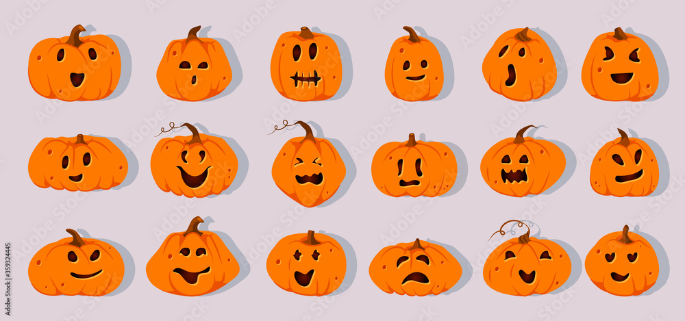Halloween pumpkins paper cut set. Different shapes squash with carved cute faces emotion. Sign creepy funny cute cutting pumpkin smile. Decor for October horror party invitation. Vector illustration Halloween pumpkins paper cut set. Different shapes squash with carved cute faces emotion. Sign creepy funny cute cutting pumpkin smile. Decor for October horror party invitation. Vector illustration