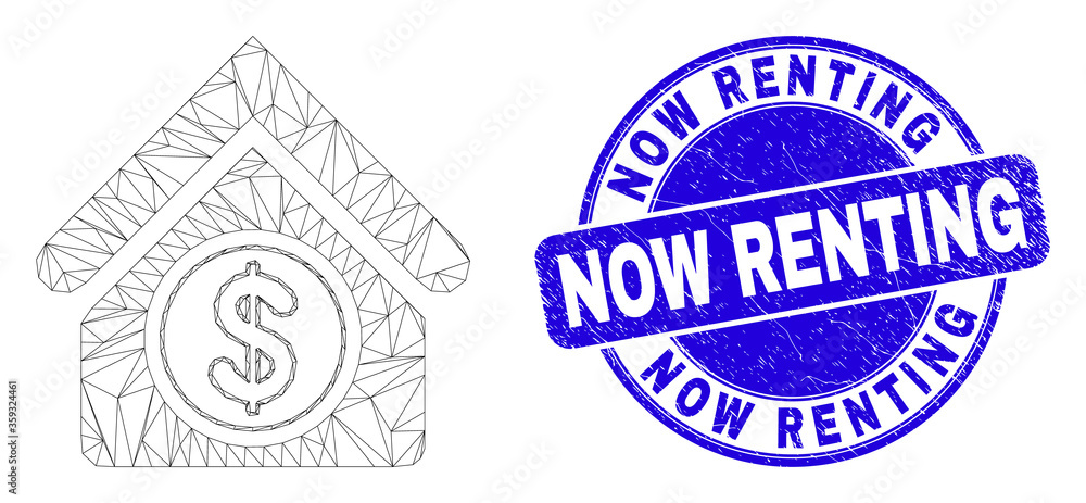 Web mesh commercial building icon and Now Renting stamp. Blue vector rounded scratched seal stamp with Now Renting message. Abstract frame mesh polygonal model created from commercial building icon.
