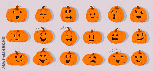 Halloween pumpkins paper cut set. Different shapes squash with carved cute faces emotion. Sign creepy funny cute cutting pumpkin smile. Decor for October horror party invitation. Vector illustration
