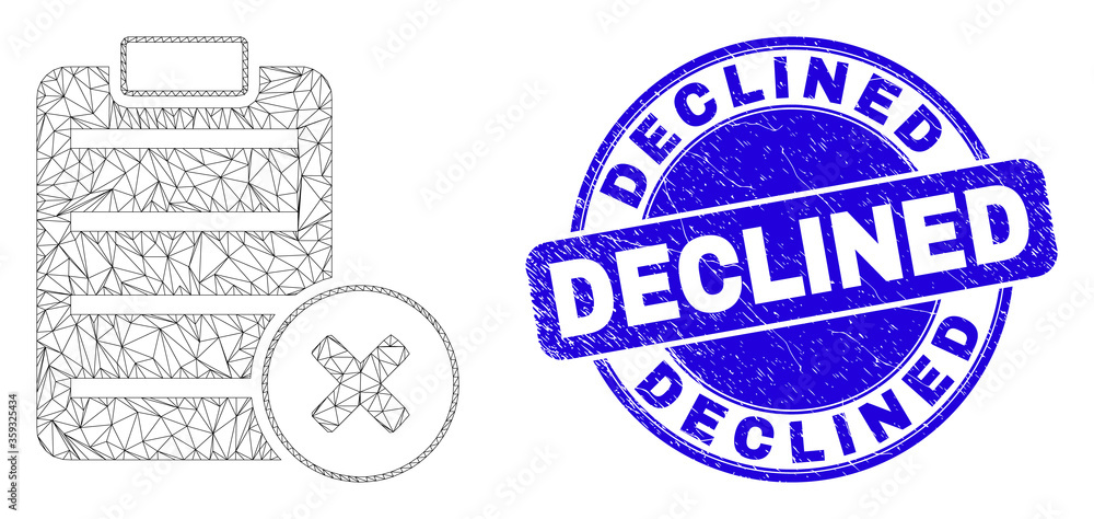 Web mesh delete report page pictogram and Declined watermark. Blue vector round scratched watermark with Declined title.
