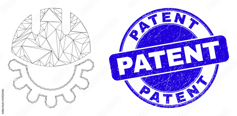 Obraz premium Web mesh development helmet pictogram and Patent seal stamp. Blue vector rounded textured seal stamp with Patent message.