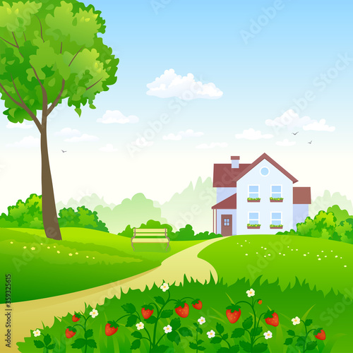 Green summer garden with a strawberry meadow