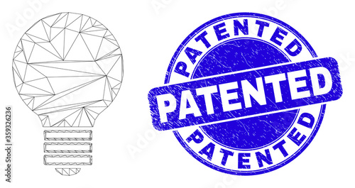 Web mesh electric bulb icon and Patented seal stamp. Blue vector rounded textured stamp with Patented message. Abstract carcass mesh polygonal model created from electric bulb icon.