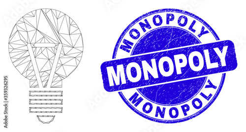 Web mesh electric bulb pictogram and Monopoly seal. Blue vector round grunge seal stamp with Monopoly message. Abstract carcass mesh polygonal model created from electric bulb pictogram.