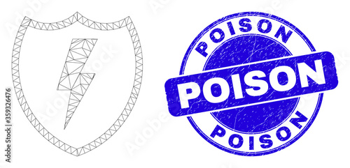 Web carcass electric shield pictogram and Poison seal stamp. Blue vector round grunge seal stamp with Poison text. Abstract carcass mesh polygonal model created from electric shield pictogram.