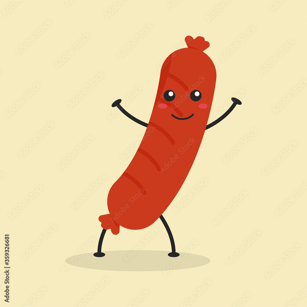 Cute Flat Cartoon Sausage Illustration. Vector illustration of cute Sausage with smilling expression. Cute Sausage mascot design Stock Adobe Stock