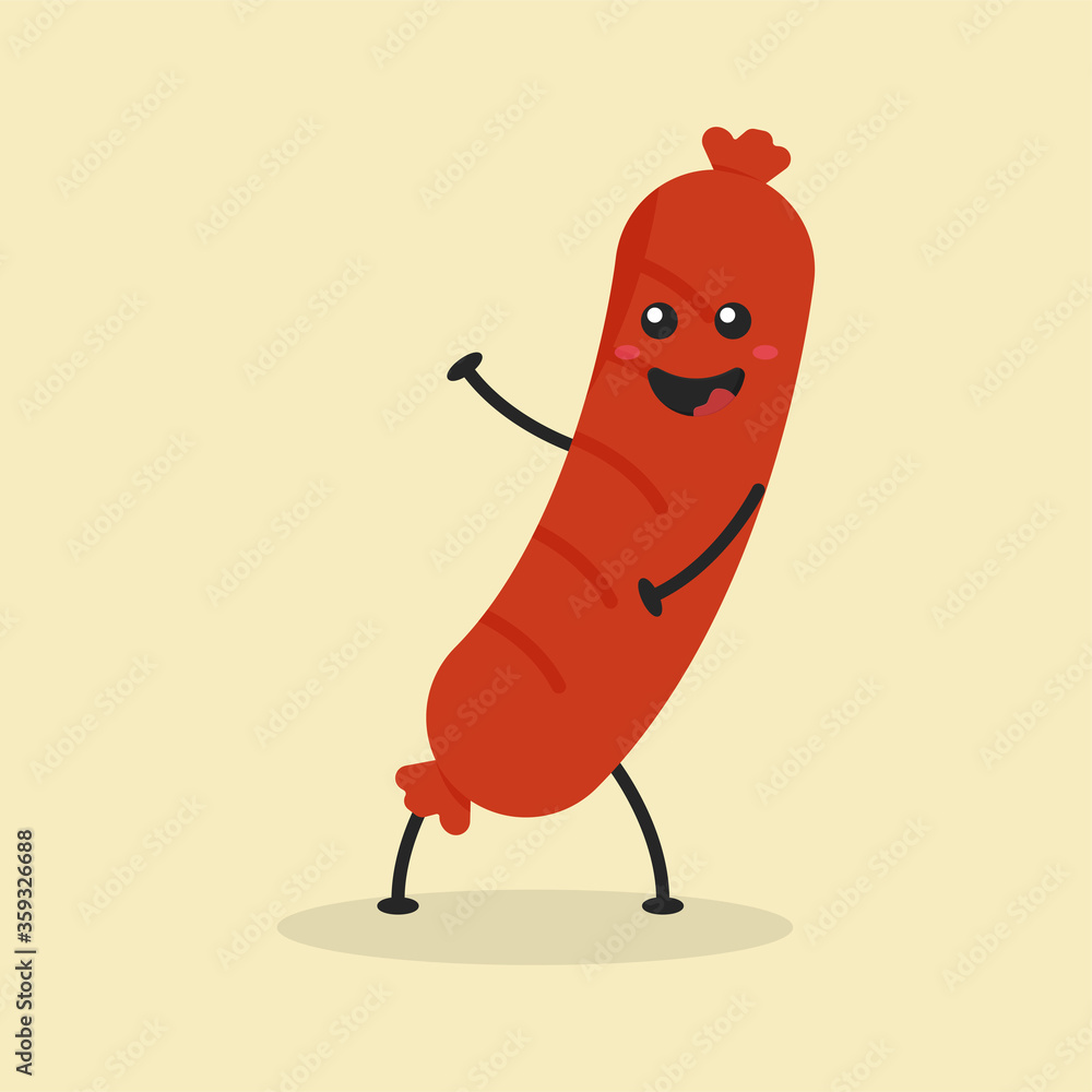 Cute Flat Cartoon Sausage Illustration. Vector illustration of cute Sausage with smilling