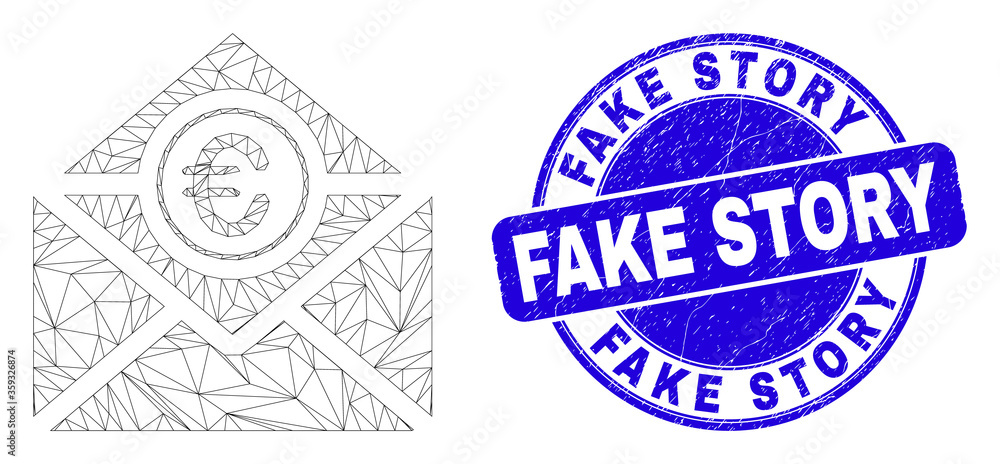 Web mesh euro mail icon and Fake Story seal stamp. Blue vector round grunge seal with Fake Story message. Abstract frame mesh polygonal model created from euro mail pictogram.
