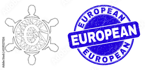 Web mesh euro people company icon and European seal stamp. Blue vector round distress seal stamp with European message. Abstract carcass mesh polygonal model created from euro people company icon.