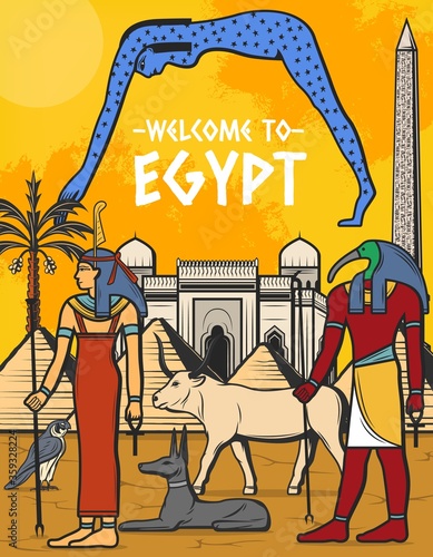 Egypt travel poster, Egyptian pyramids, ancient pharaoh landmarks, Cairo and Giza city tourism, vector. Welcome to Egypt pharaoh pyramids, mosques architecture, deity and wonders travel tours