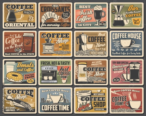 Coffee retro posters, coffee makers, cafe and cafeteria vector vintage signs. Coffeehouse hot takeaway americano and espresso hot cup, croissant and donuts, coffee beans mill and maker