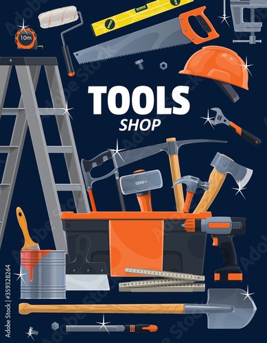 Work tools and instruments, construction, home renovation, repair and remodeling. Woodwork, painting and masonry building tools, hammer, drill and ruler, screwdriver, ladder and painting brush