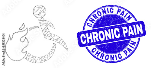 Web carcass fired disabled person pictogram and Chronic Pain seal stamp. Blue vector rounded grunge seal stamp with Chronic Pain message.