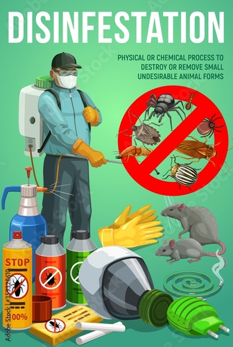 Disinfestation service, pest control, deratization and insects sanitary disinfection vector poster. Pest control rats and mice extermination, domestic insects, bugs and parasites chemical fumigation