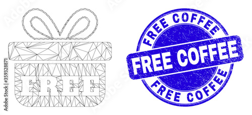 Web mesh free gift icon and Free Coffee seal stamp. Blue vector round textured seal stamp with Free Coffee phrase. Abstract carcass mesh polygonal model created from free gift icon.