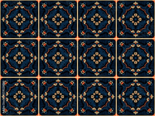 Bandana print. Women's shawl with floral pattern. Mediterranean wallpaper. Portuguese tile azulejo. Turkish ornament. Spanish porcelain. Ceramic dishes. 