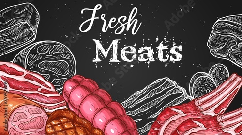 Meat chalkboard sketch butchery shop food products and sausages. Butcher store meat delicatessen pork ham and bacon, beef steak grill and smoked fillet, mutton ribs and luncheon deli on chalk board