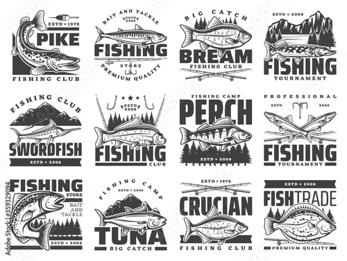 Fishing sport and leisure icons, fish lures and fisherman hooks for salmon and tune. Fishing tournament rods for river pike, ocean flounder, and sea swordfish, perch and bream, crucian and mackerel