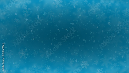 Christmas background of snowflakes of different shapes, sizes, blur and transparency in light blue colors © Aleksei Solovev