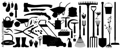 Gardening and farming agriculture tools, vector silhouette icons. Garden and farm cultivation equipment rakes and shovel spade, tree secateurs and gardener hoe, watering hose, sickle and lawn mower