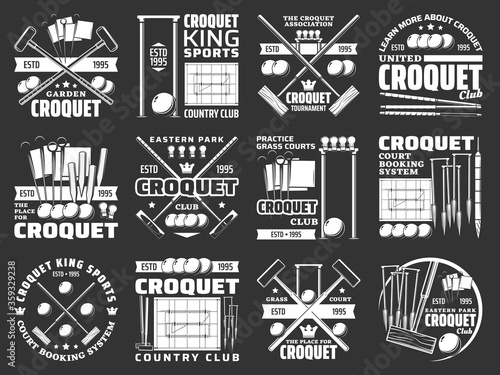 Photography Croquet items and equipment icons, sport club tournament vector signs