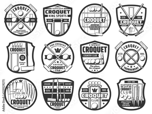 Croquet sport icons, equipment and items, country team club tournament vector emblem. Croquet playing equipment items, crossed bats, balls and wicket hoops, croquet club association and booking signs