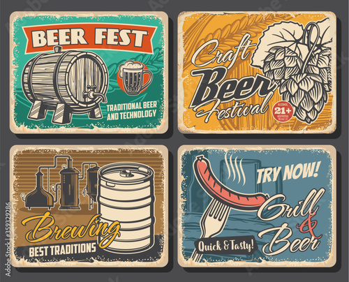 Beer brewery retro posters, alcohol drinks pub and bar, vector. Craft beer brewery and grill bar, Oktoberfest brewing traditions, sausages and snacks, beer wooden barrel and pint mug