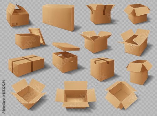 Cardboard boxes, packages and delivery carton cargo packs, vector realistic mockups. Brown cardboard boxes open and closed with adhesive tape, square rectangular storage and delivery shipping packs photo