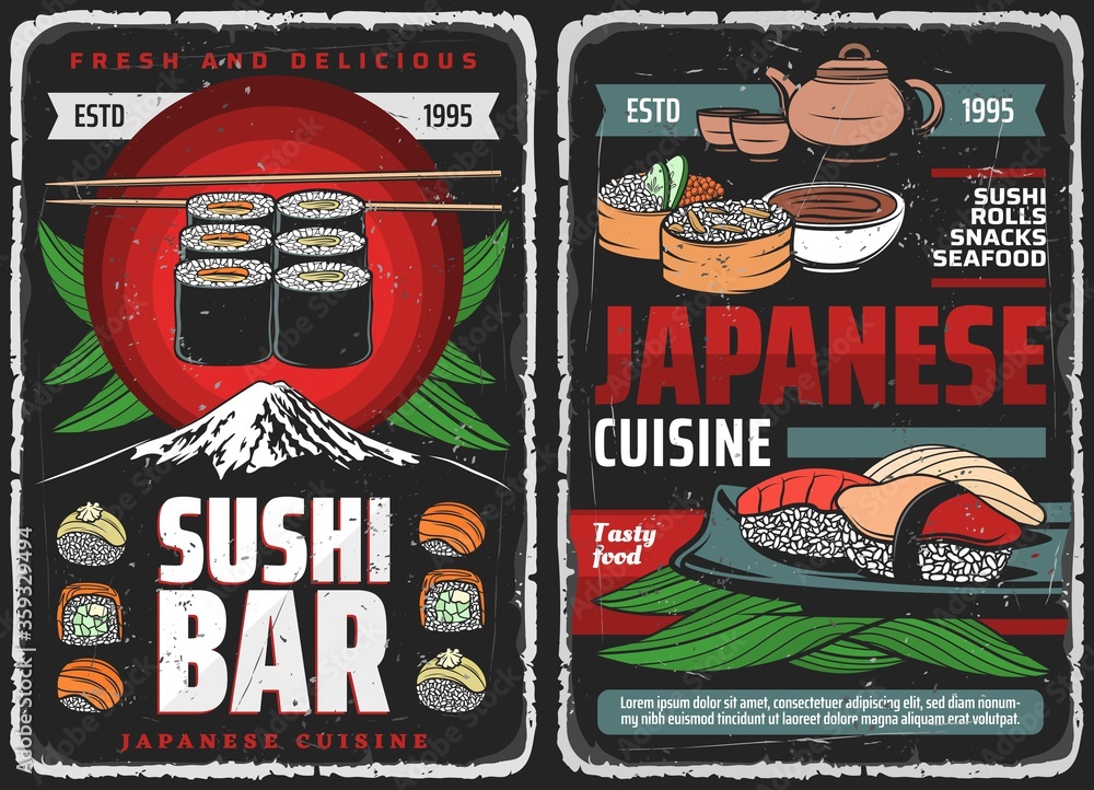 Sushi bar rolls, Japanese food Asian restaurant vector menu of fish and seafood. Japanese sushi bar traditional sushi and bento lunch of Philadelphia salmon and tuna rolls, rice and miso soup
