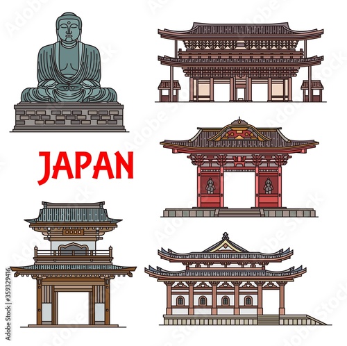 Japanese temples, Jpanese pagodas and building architecture landmarks in Kamakura, Kanagawa, vector. Hase-dera and Jochi-ji Zen temple, Daibutsu Buddha statue, Sanmon shrine and Sammon main gate photo