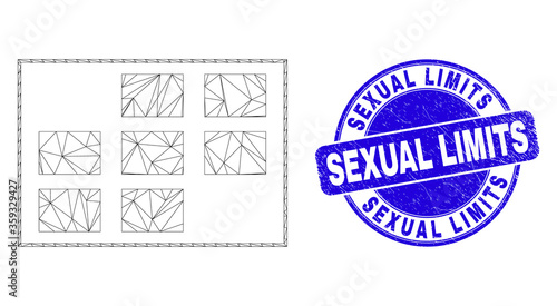 Web carcass grid cells icon and Sexual Limits watermark. Blue vector round textured seal with Sexual Limits text. Abstract carcass mesh polygonal model created from grid cells icon.