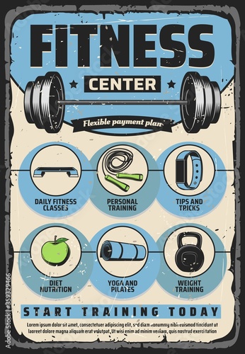 Fitness items, gym, equipment and sport health exercises, vector retro poster. Fitness center exercises yoga and pilates, bodybuilding and weightlifting, cycling, workout items and training equipment