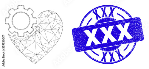 Web mesh heart gear icon and XXX seal stamp. Blue vector round textured seal stamp with XXX phrase. Abstract frame mesh polygonal model created from heart gear icon.