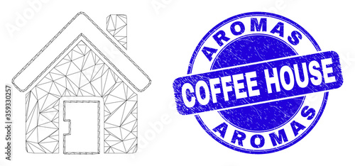 Web carcass home pictogram and Aromas Coffee House seal stamp. Blue vector rounded grunge seal stamp with Aromas Coffee House text. Abstract carcass mesh polygonal model created from home pictogram.