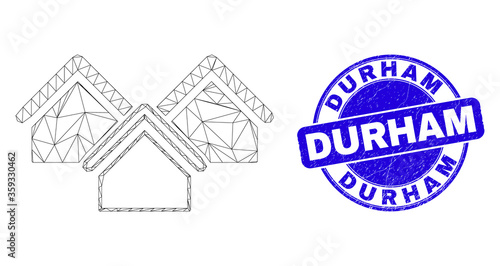 Web mesh houses pictogram and Durham seal stamp. Blue vector rounded grunge seal stamp with Durham text. Abstract frame mesh polygonal model created from houses pictogram.