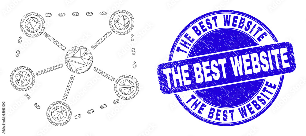 Fototapeta premium Web mesh links icon and The Best Website seal. Blue vector rounded grunge seal with The Best Website message. Abstract carcass mesh polygonal model created from links icon.