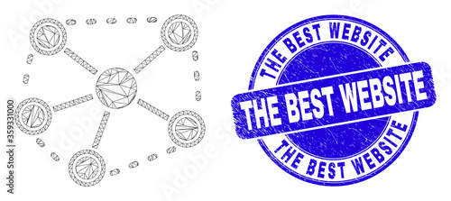 Web mesh links icon and The Best Website seal. Blue vector rounded grunge seal with The Best Website message. Abstract carcass mesh polygonal model created from links icon.