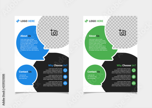 Business flyer template vector design, A4 brochure template blue and green geometry shapes used for business poster layout, IT Company flyer, corporate banners, and leaflets