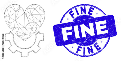 Web mesh love gear pictogram and Fine seal stamp. Blue vector round distress stamp with Fine text. Abstract carcass mesh polygonal model created from love gear icon.