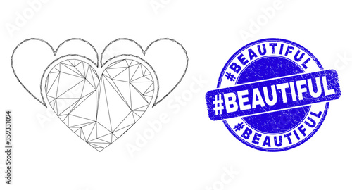Web mesh love hearts pictogram and #Beautiful seal stamp. Blue vector rounded textured seal with #Beautiful caption. Abstract frame mesh polygonal model created from love hearts icon.
