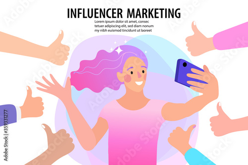  blogger promotion services and goods for his followers online. Flat vector illustration.