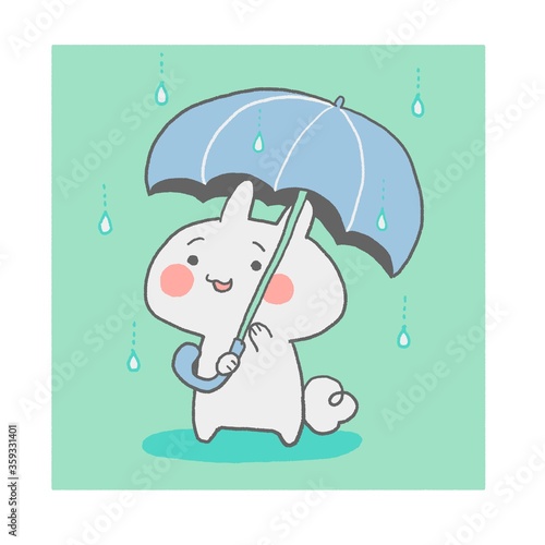 Illustration of a rabbit with a blue umbrella