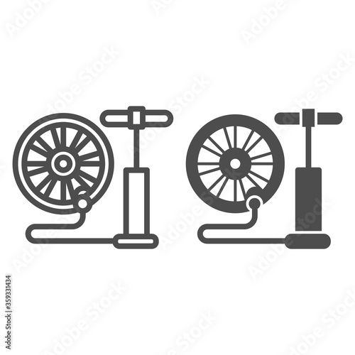 Air pump and bicycle wheel line and solid icon, bicycle concept, Air pump service sign on white background, hand bike pump and wheel icon in outline style for mobile and web design. Vector graphics.
