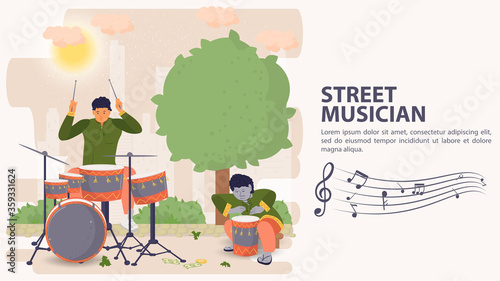 Banner street musician Two men playing musical instruments drums and drums flat vector illustration cartoon