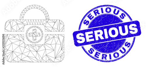 Web carcass medical handbag pictogram and Serious seal stamp. Blue vector round scratched seal stamp with Serious caption. Abstract carcass mesh polygonal model created from medical handbag icon.